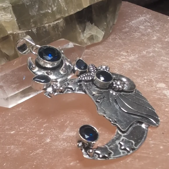 Mystical Silver Moon Pendant with Tanzanite Gemstones Accents - Picture 2 of 5